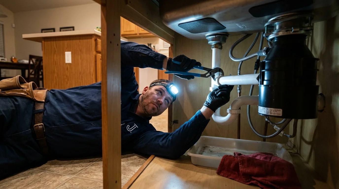 P-trap and supply line connections under a kitchen sink showing a common leak point in Asotin, WA